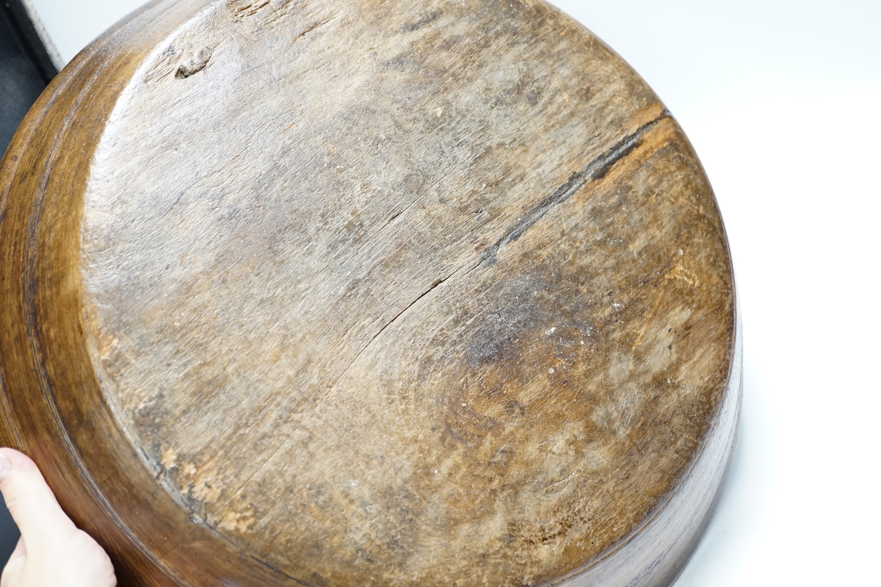 A 19th century carved circular sycamore mazer, 44cm diameter